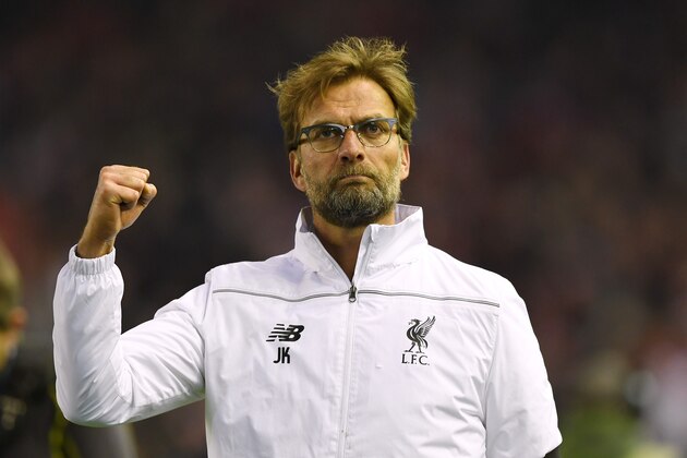 LIVERPOOL, ENGLAND - APRIL 14:  Jurgen Klopp, manager of Liverpool celebrates victory after the UEFA Europa League quarter final, second leg match between Liverpool and Borussia Dortmund at Anfield on April 14, 2016 in Liverpool, United Kingdom.  (Photo by Shaun Botterill/Getty Images)
