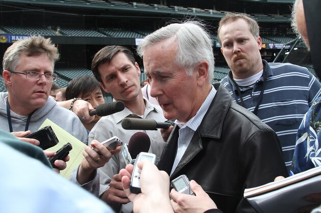 SEATTLE - JUNE 02:  Seattle Mariners' Chairman & Chief Executive Officer Howard Lincoln speaks with the media after the team announced the retirement of Ken Griffey Jr. prior to the game against the Minnesota Twins at Safeco Field on June 2, 2010 in Seattle, Washington. (Photo by Otto Greule Jr/Getty Images)