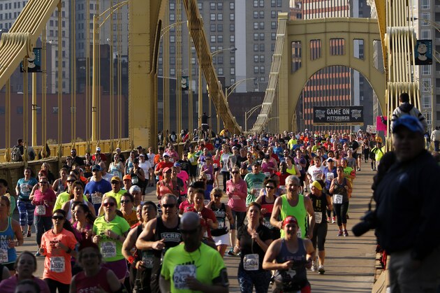 Runner's in the Pittsburgh Marathon cross the Andy Warhol Bridge in downtown Pittsburgh Sunday, May 3, 2015. More than 40,000 runners are expected to be part of the 36th annual Broad Street Run, billed as the largest 10-mile road race and as the largest city-sponsored race in the U.S. (AP Photo/Gene J. Puskar)