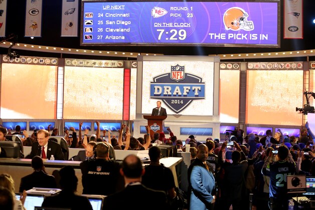 The stage is seen as NFL Commissioner Roger Goodell announces that Johnny Manziel is selected by the Cleveland Browns at the 2014 NFL Draft at Radio City on Thursday, May 8th, 2014 in New York, NY.  (AP Photo/Gregory Payan)