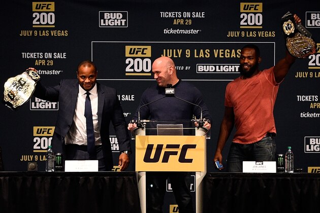 NEW YORK, NY - APRIL 27:  UFC President Dana White introduces UFC light heavyweight champion Daniel Cormier (L) and interim light heavyweight champion Jon Jones during the UFC 200 New York press event at Madison Square Garden on April 27, 2016 in New York City. (Photo by Jeff Bottari/Zuffa LLC/Zuffa LLC via Getty Images)