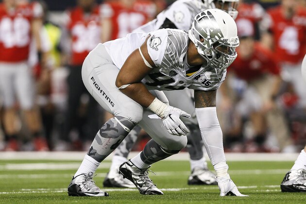 ARLINGTON, TX - JANUARY 12: Oregon Ducks Defensive End DeForest Buckner #44 during the College Football National Championship Game against the Ohito State Buckeyes at AT&T Stadium on January 12, 2015 in Arlington, Texas. The Ohio State Buckeyes defeated the Oregon Ducks 42-20. (Photo by Don Juan Moore/Getty Images)