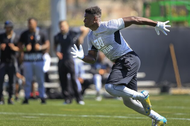 UCLA linebacker Myles Jack takes part in the team's NFL football pro day at Spaulding Field in Los Angeles pm Tuesday, March 15, 2016. (AP Photo/Damian Dovarganes)