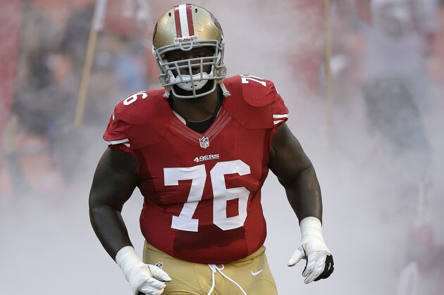 San Francisco 49ers offensive tackle Anthony Davis (76) is shown before an NFL preseason football game against the San Diego Chargers in San Francisco, Thursday, Aug. 30, 2012. (AP Photo/Marcio Jose Sanchez)