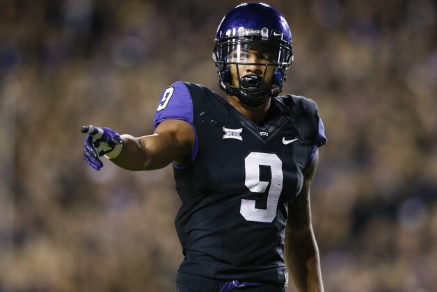 Oct 29, 2015; Fort Worth, TX, USA; TCU Horned Frogs wide receiver Josh Doctson (9) during the game against the West Virginia Mountaineers at Amon G. Carter Stadium. Mandatory Credit: Kevin Jairaj-USA TODAY Sports