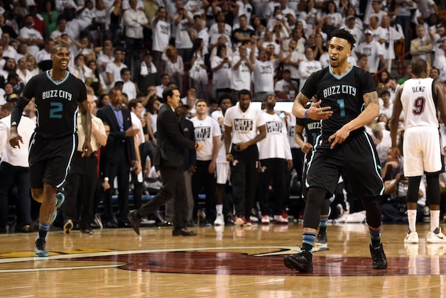 Apr 27, 2016; Miami, FL, USA; Charlotte Hornets guard Courtney Lee (1) reacts after making a basket against the Miami Heat during the second half in game five of the first round of the NBA Playoffs at American Airlines Arena. Mandatory Credit: Steve Mitchell-USA TODAY Sports
