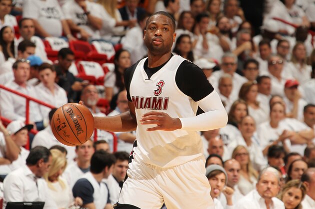 MIAMI, FL - APRIL 27:  Dwyane Wade #3 of the Miami Heat handles the ball against the Charlotte Hornets in Game Five of the Eastern Conference Quarterfinals during the 2016 NBA Playoffs on April 27, 2016 at American Airlines Arena in Miami, Florida. NOTE TO USER: User expressly acknowledges and agrees that, by downloading and or using this Photograph, user is consenting to the terms and conditions of the Getty Images License Agreement. Mandatory Copyright Notice: Copyright 2016 NBAE (Photo by Issac Baldizon/NBAE via Getty Images)