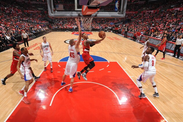 LOS ANGELES, CA - APRIL 27: Damian Lillard #0 of the Portland Trail Blazers shoots the ball against the Los Angeles Clippers  in Game Five of the Western Conference Quarterfinals on April 27, 2016 at STAPLES Center in Los Angeles, California. NOTE TO USER: User expressly acknowledges and agrees that, by downloading and/or using this Photograph, user is consenting to the terms and conditions of the Getty Images License Agreement. Mandatory Copyright Notice: Copyright 2016 NBAE (Photo by Andrew D. Bernstein/NBAE via Getty Images)