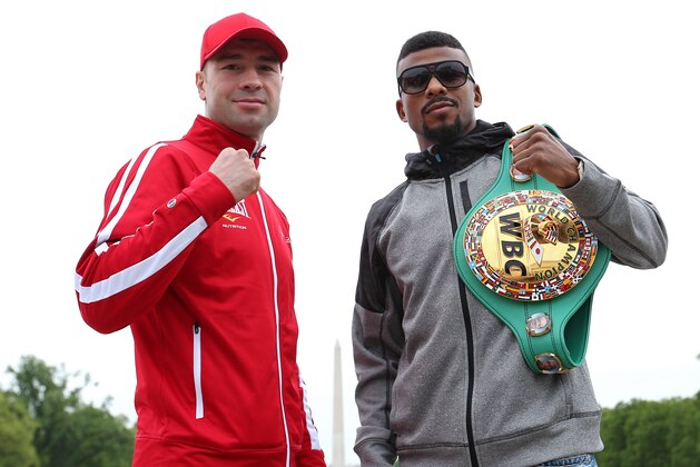 WASHINGTON, DC - APRIL 27: WBC Champion Badou Jack (R) and Lucian Bute pose for a portrait in front of the Washington Monument prior to their title fight, set for April 30, 2016 at the DC Armory, on April 27, 2016 in Washington, DC.(Photo by Patrick Smith/Getty Images)