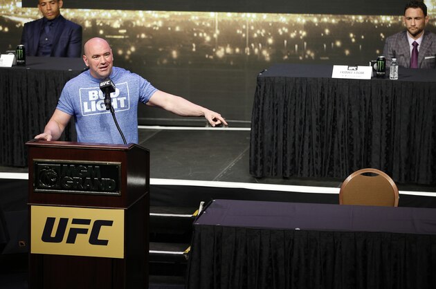 UFC president Dana White speaks beside an empty chair where Conor McGregor was supposed to sit during a news conference for UFC 200, Friday, April 22, 2016, in Las Vegas. (AP Photo/John Locher)