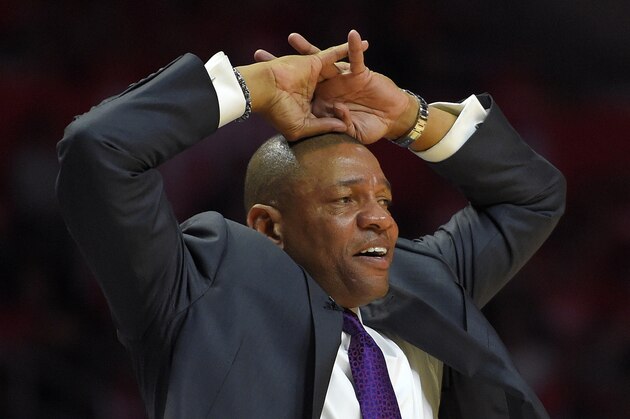 Los Angeles Clippers coach Doc Rivers reacts to a foul call during the second half in Game 5 of the team's first-round NBA basketball playoff series against the Portland Trail Blazers, Wednesday, April 27, 2016, in Los Angeles. The Trail Blazers won 108-98. (AP Photo/Mark J. Terrill)