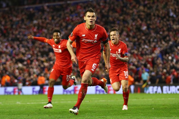 LIVERPOOL, ENGLAND - APRIL 14:  Dejan Lovren of Liverpool celebrates scoring his team's fourth goal during the UEFA Europa League quarter final, second leg match between Liverpool and Borussia Dortmund at Anfield on April 14, 2016 in Liverpool, United Kingdom.  (Photo by Clive Brunskill/Getty Images)