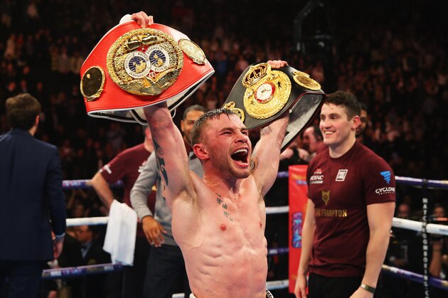 MANCHESTER, ENGLAND - FEBRUARY 27:  Carl Frampton celebrates a points victory over Scott Quigg after their World Super-Bantamweight title contest at Manchester Arena on February 27, 2016 in Manchester, England. Frampton's victory united the WBA and IBF titles.  (Photo by Alex Livesey/Getty Images)