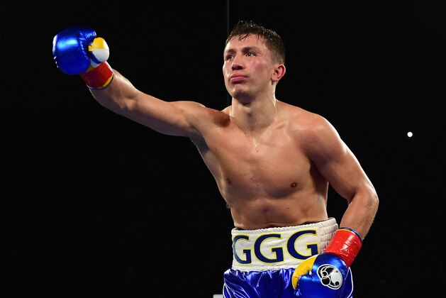 INGLEWOOD, CA - APRIL 23:  Gennady Golovkin of Kazakhstan celebrates a second round TKO of Dominic Wade during his unified middleweight title fight at The Forum on April 23, 2016 in Inglewood, California.  (Photo by Harry How/Getty Images)