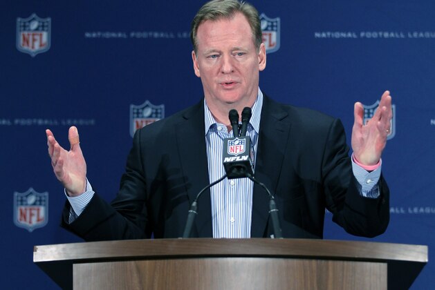 FILE - In this March 23, 2016, file photo, NFL Commissioner Roger Goodell gestures during a press conference at the NFL owners meeting in Boca Raton, Fla. The NFL has demanded The New York Times retract a story that called the league's concussion research flawed and likened the NFL's handling of head trauma to the tobacco industry's response to the dangers of cigarettes. In a letter from its law firm to the general counsels of the newspaper and obtained by The Associated Press on Tuesday, March 29, 2016, the league said it was defamed by the Times. (AP Photo/Luis M. Alvarez, File)