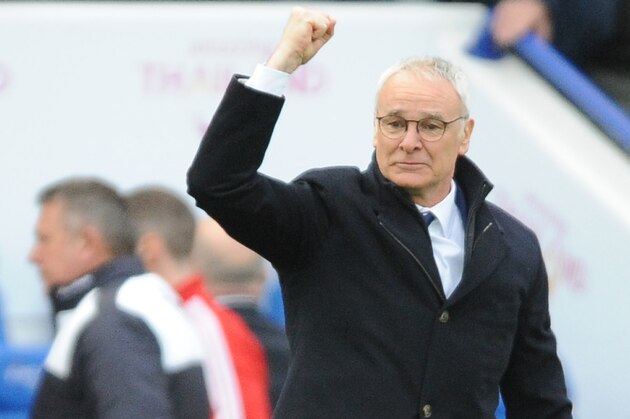 Leicester manager Claudio Ranieri celebrates at the end of the game during the English Premier League soccer match between Leicester City and Swansea City at the King Power Stadium in Leicester, England, Sunday, April 24, 2016. (AP Photo/Rui Vieira)