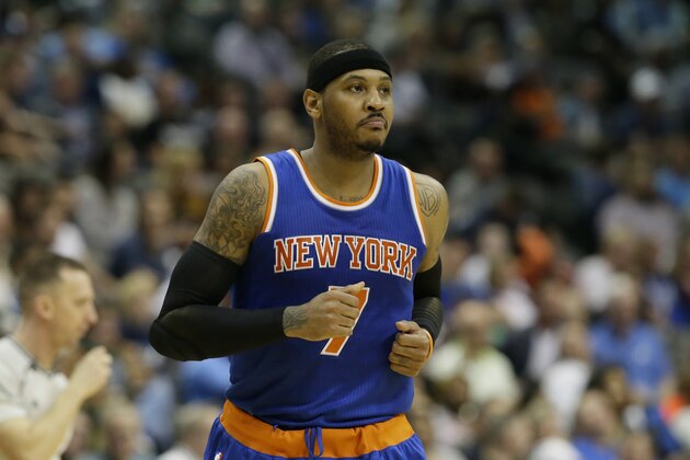 New York Knicks forward Carmelo Anthony (7) runs the floor during the second half of an NBA basketball game against the Dallas Mavericks Wednesday, March 30, 2016, in Dallas. (AP Photo/LM Otero)
