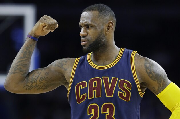 Cleveland Cavaliers forward LeBron James looks towards the bench during the second half in Game 4 of a first-round NBA basketball playoff series against the Detroit Pistons, Sunday, April 24, 2016 in Auburn Hills, Mich. (AP Photo/Carlos Osorio)