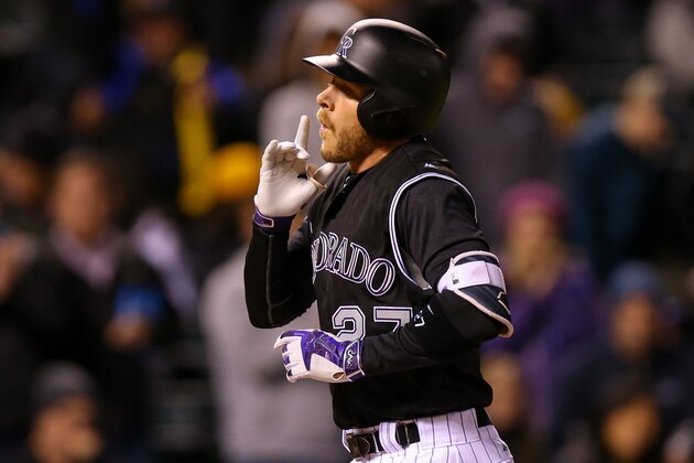 DENVER, CO - APRIL 27:  Trevor Story #27 of the Colorado Rockies celebrates his solo home run during the fourth inning against the Pittsburgh Pirates at Coors Field on April 27, 2016 in Denver, Colorado. (Photo by Justin Edmonds/Getty Images)