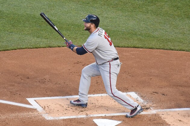 WASHINGTON, DC - APRIL 11:  A.J. Pierzynski #15 of the Atlanta Braves takes a swing during a baseball game against the Washington Nationals at Nationals Park on April 11, 2016 in Washington, DC.  The Nationals won 6-4.  (Photo by Mitchell Layton/Getty Images)
