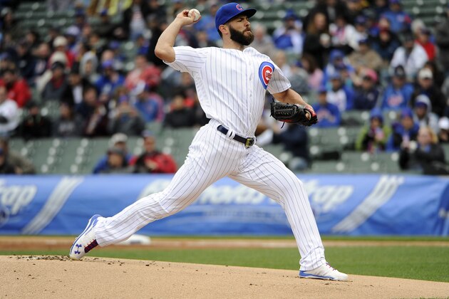 CHICAGO, IL - APRIL 28: Jake Arrieta #49 of the Chicago Cubs pitches against the Milwaukee Brewers during the first inning on April 28, 2016 at Wrigley Field in Chicago, Illinois.  (Photo by David Banks/Getty Images)