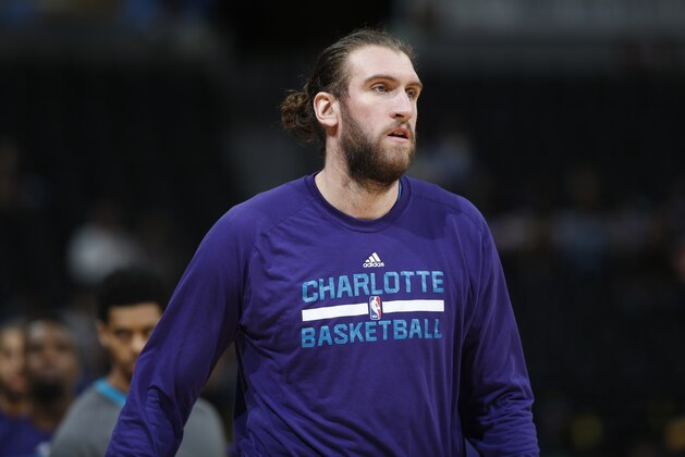 Charlotte Hornets forward Spencer Hawes (00) during the first half of an NBA basketball game  Sunday, Jan. 10, 2016, in Denver. (AP Photo/David Zalubowski)