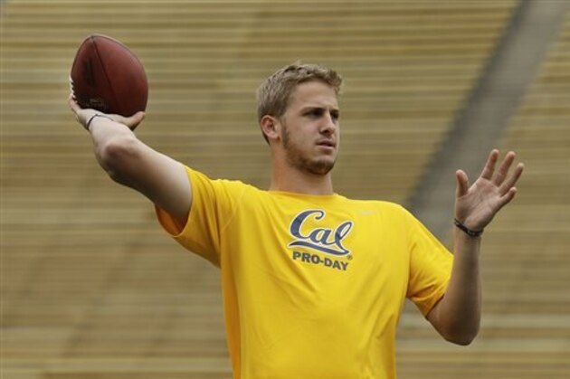 FILE - In this March 18, 2016 file photo, California quarterback Jared Goff passes during California's NFL Pro Day in Berkeley, Calif. Even in a year when the quarterbacks don't appear to be slam-dunk naturals to make it big in the NFL, that's where the focus will be when the draft begins Thursday night, April 28, in Chicago. (AP Photo/Ben Margot, File)