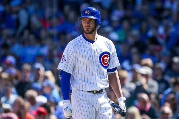 CHICAGO, ILLINOIS - APRIL 16:  Kris Bryant #17 of the Chicago Cubs heads back to the dugout after striking out against the Colorado Rockies at Wrigley Field on April 16, 2016 in Chicago, Illinois. (Photo by Dylan Buell/Getty Images)