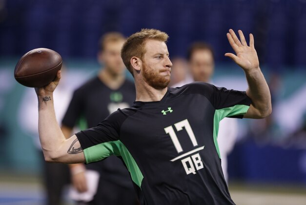 Feb 27, 2016; Indianapolis, IN, USA; North Dakota State Bisons quarterback Carson Wentz throws a pass during the 2016 NFL Scouting Combine at Lucas Oil Stadium. Mandatory Credit: Brian Spurlock-USA TODAY Sports