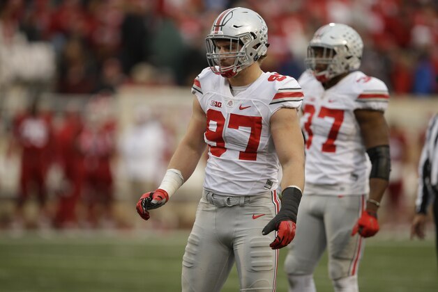 Ohio State's Joey Bosa (97) in action during the second half of an NCAA college football game against Indiana, Saturday, Oct. 3, 2015 in Bloomington, Ind. Ohio State won 34-27. (AP Photo/Darron Cummings)