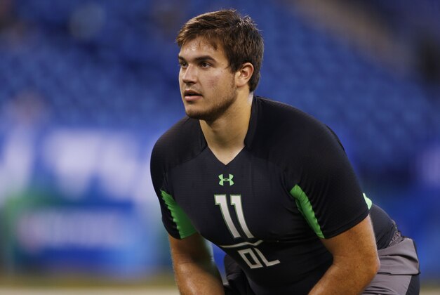 Feb 26, 2016; Indianapolis, IN, USA; Michigan State Spartans offensive lineman Jack Conklin (11) participates in a drill during the 2016 NFL Scouting Combine at Lucas Oil Stadium. Mandatory Credit: Brian Spurlock-USA TODAY Sports