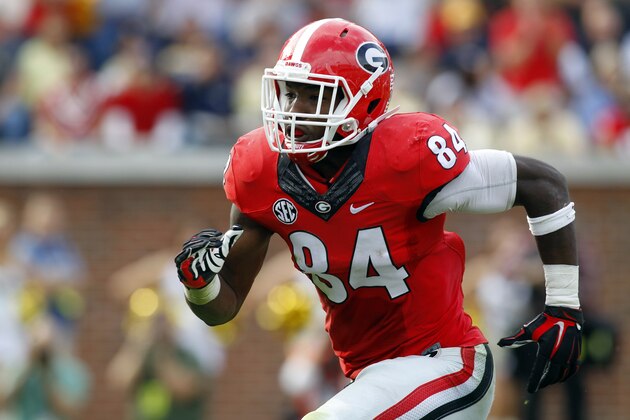 FILE - In this Xxx, file photo, Georgia linebacker Leonard Floyd (84) rushes the passer against Georgia Tech in the second half of an NCAA college football game Saturday, Nov. 28, 2015, in Atlanta. Georgia won 13-7. (AP Photo/Brett Davis)