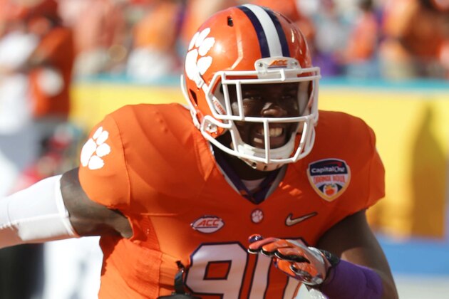 Clemson defensive end Shaq Lawson (90) warms up before the Orange Bowl NCAA college football semifinal playoff game against the Oklahoma, Thursday, Dec. 31, 2015, in Miami Gardens, Fla.  (AP Photo/Lynne Sladky)