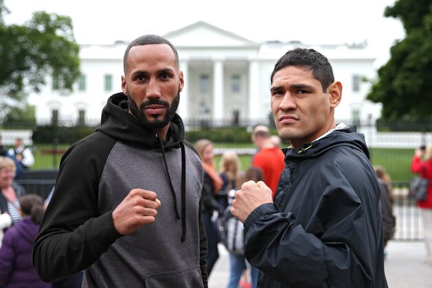 WASHINGTON, DC - APRIL 27: IBF Champion James DeGale (L) and Rogelio Medina pose for a portrait in front of the White House prior to their title fight, set for April 30, 2016 at the DC Armory, on April 27, 2016 in Washington, DC.(Photo by Patrick Smith/Getty Images)