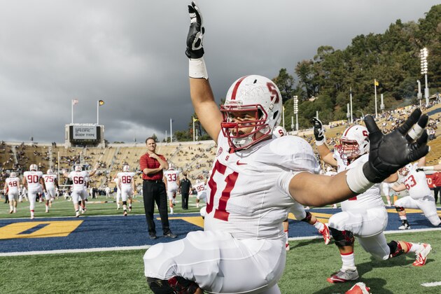 BERKELEY, CA -  NOVEMBER 22:  Offensive lineman Joshua Garnett #51 of the Stanford Cardinal warms up before a PAC-12 NCAA football game against the California Golden Bears, the 117th Big Game played on November 22, 2014 at Memorial Stadium on the University of California campus in Berkeley, California.   (Photo by David Madison/Getty Images)