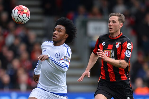 Bournemouth's English midfielder Dan Gosling (R) vies with Chelsea's Brazilian midfielder Willian during the English Premier League football match between Bournemouth and Chelsea at the Vitality Stadium in Bournemouth, southern England on April 23, 2016. / AFP / GLYN KIRK / RESTRICTED TO EDITORIAL USE. No use with unauthorized audio, video, data, fixture lists, club/league logos or 'live' services. Online in-match use limited to 75 images, no video emulation. No use in betting, games or single club/league/player publications.  /         (Photo credit should read GLYN KIRK/AFP/Getty Images)