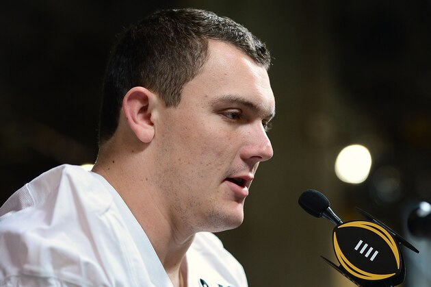 PHOENIX, AZ - JANUARY 09:  Offensive lineman Ryan Kelly #70 of the Alabama Crimson Tide addresses the media during Media Day for the College Football Playoff National Championship at Phoenix Convention Center on January 9, 2016 in Phoenix, Arizona.  (Photo by Jennifer Stewart/Getty Images)