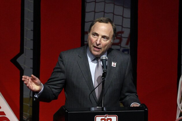 National Hockey League Commissioner Gary Bettman addresses a crowd during a ceremony as the New Jersey Devils retire the number 30 jersey of former New Jersey Devils star goalie Martin Brodeur at the Prudential Center arena Tuesday, Feb. 9, 2016, in Newark, N.J. (AP Photo/Mel Evans) National Hockey League Commissioner Gary Bettman addresses a crowd during a ceremony as the New Jersey Devils retire the number 30 jersey of former New Jersey Devils star goalie Martin Brodeur at the Prudential Center arena Tuesday, Feb. 9, 2016, in Newark, N.J. (AP Photo/Mel Evans)