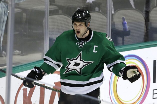 Dallas Stars left wing Jamie Benn celebrates his goal against the Minnesota Wild during the third period in Game 5 of a first-round NHL hockey Stanley Cup playoff series, Friday, April 22, 2016, in Dallas. (AP Photo/LM Otero)