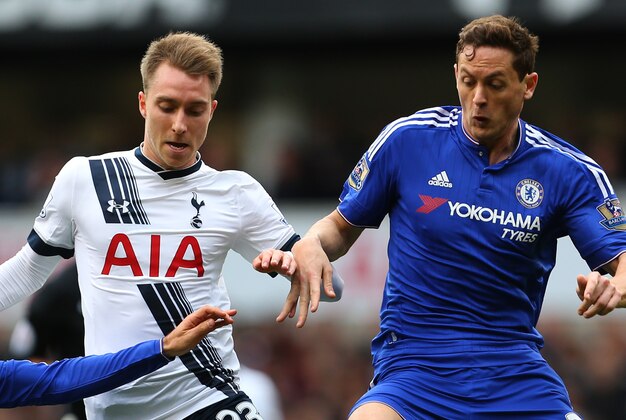 LONDON, ENGLAND - NOVEMBER 29:  Cesc Fabregas and Nemanja Matic of Chelsea tackle Christian Eriksen of Tottenham Hotspur during the Barclays Premier League match between Tottenham Hotspur and Chelsea at White Hart Lane on November 29, 2015 in London, England.  (Photo by Catherine Ivill - AMA/Getty Images)