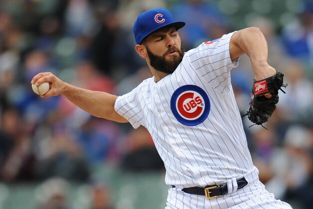 Apr 28, 2016; Chicago, IL, USA; Chicago Cubs starting pitcher Jake Arrieta (49) pitches during the first inning against the Milwaukee Brewers at Wrigley Field. Mandatory Credit: Patrick Gorski-USA TODAY Sports