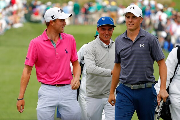AUGUSTA, GEORGIA - APRIL 06:  Justin Thomas of the United States, Rickie Fowler of the United States and Jordan Spieth of the United States walk on the seventh hole during the Par 3 Contest prior to the start of the 2016 Masters Tournament at Augusta National Golf Club on April 6, 2016 in Augusta, Georgia.  (Photo by Kevin C. Cox/Getty Images)