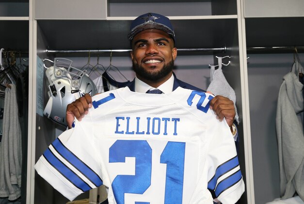 Apr 29, 2016; Irving, TX, USA; Dallas Cowboys number one draft pick Ezekiel Elliott holds his jersey in the locker room at Dallas Cowboys Headquarters Mandatory Credit: Matthew Emmons-USA TODAY Sports
