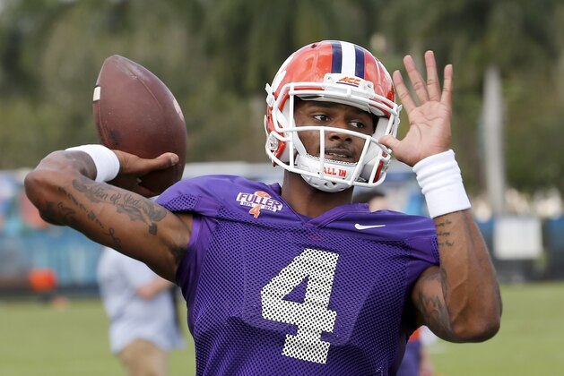 Clemson quarterback Deshaun Watson throws during NCAA college football practice Monday, Dec. 28, 2015, in Davie, Fla. Clemson is scheduled to play Oklahoma in the Orange Bowl on New Year's Eve. (AP Photo/Joe Skipper)