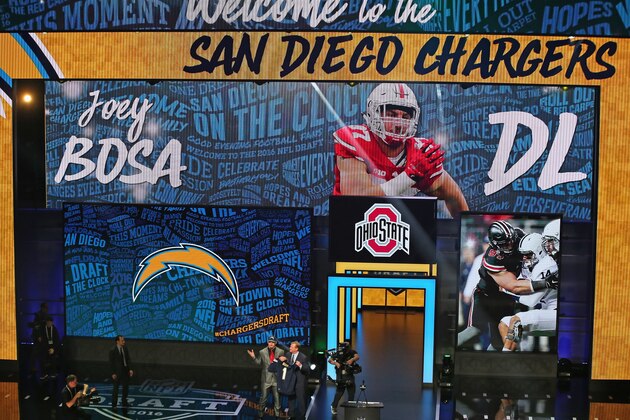 CHICAGO, IL - APRIL 28: Joey Bosa poses with Roger Goodell after being drafted by the San Diego Chargers during the 2016 NFL Draft at the Auditorium Theater on April 28, 2016 in Chicago, Illinois. (Photo by Jonathan Daniel/Getty Images)