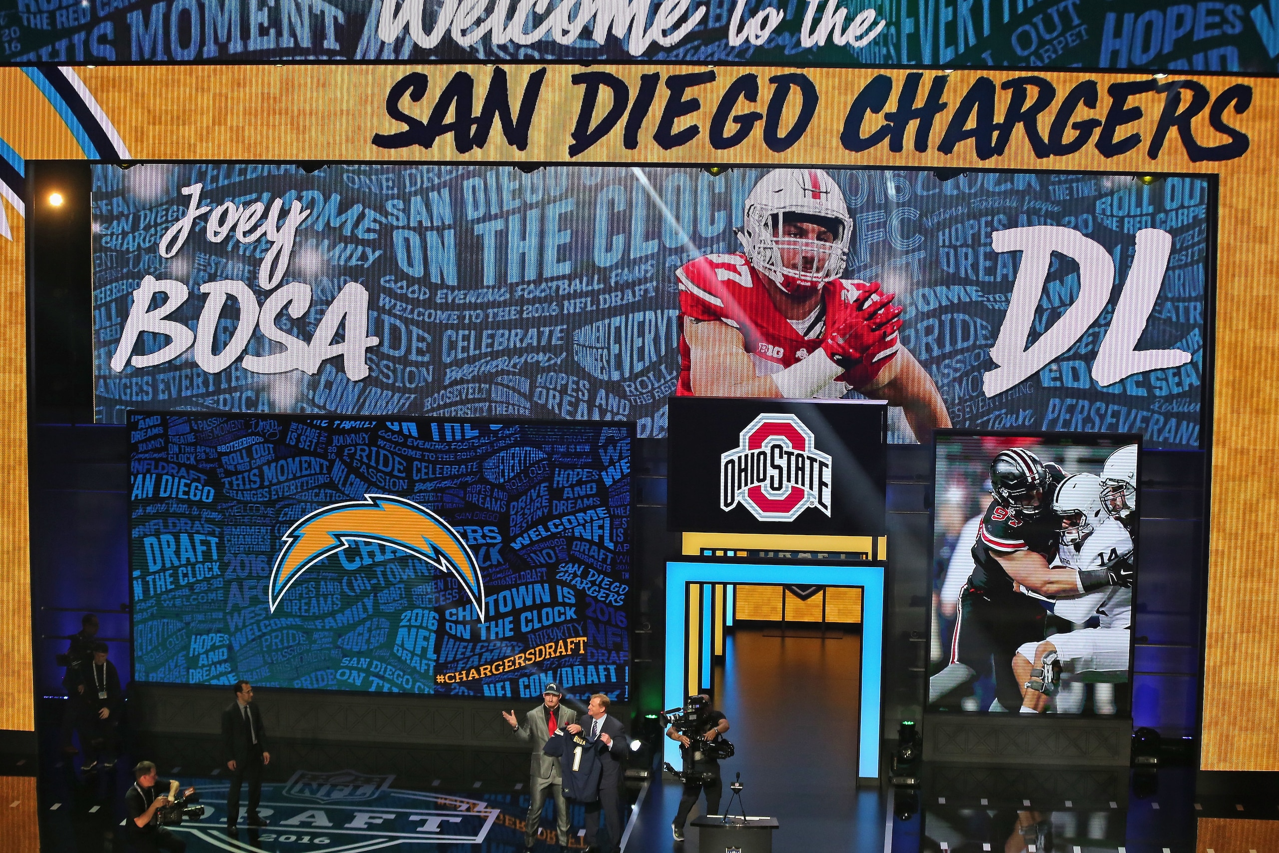 CHICAGO, IL - APRIL 28: Joey Bosa poses with Roger Goodell after being drafted by the San Diego Chargers during the 2016 NFL Draft at the Auditorium Theater on April 28, 2016 in Chicago, Illinois. (Photo by Jonathan Daniel/Getty Images)