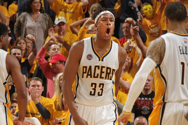 INDIANAPOLIS, IN - APRIL 29:  Myles Turner #33 of the Indiana Pacers celebrates with his teammates during the game against the Toronto Raptors in Game Six of the Eastern Conference Quarterfinals during the 2016 NBA Playoffs on April 29, 2016 at Bankers Life Fieldhouse in Indianapolis, Indiana. NOTE TO USER: User expressly acknowledges and agrees that, by downloading and or using this Photograph, user is consenting to the terms and conditions of the Getty Images License Agreement. Mandatory Copyright Notice: Copyright 2016 NBAE (Photo by Ron Hoskins/NBAE via Getty Images)