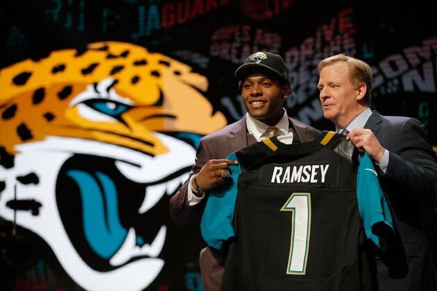 CHICAGO, IL - APRIL 28:  (L-R) Jalen Ramsey of the Florida State Seminoles holds up a jersey with NFL Commissioner Roger Goodell after being picked #5 overall by the Jacksonville Jaguarsduring the first round of the 2016 NFL Draft at the Auditorium Theatre of Roosevelt University on April 28, 2016 in Chicago, Illinois.  (Photo by Jon Durr/Getty Images)
