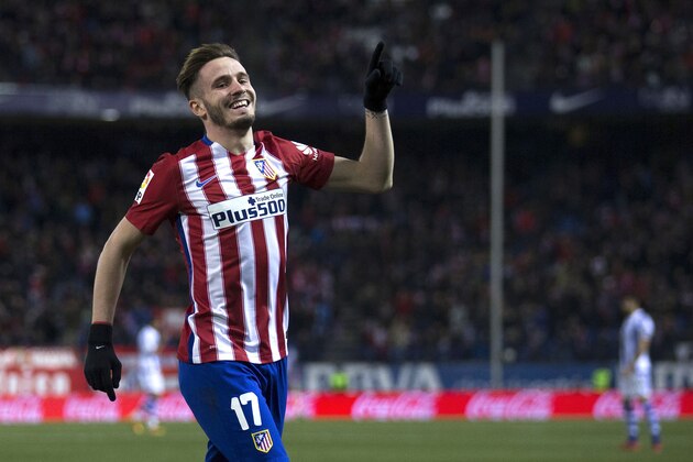 MADRID, SPAIN - MARCH 01: Saul Niguez of Atletico de Madrid celebrates scoring their second goal during the La Liga match between Club Atletico de Madrid and Real Sociedad de Futbol at Vicente Calderon Stadium on March 1, 2016 in Madrid, Spain.  (Photo by Gonzalo Arroyo Moreno/Getty Images)