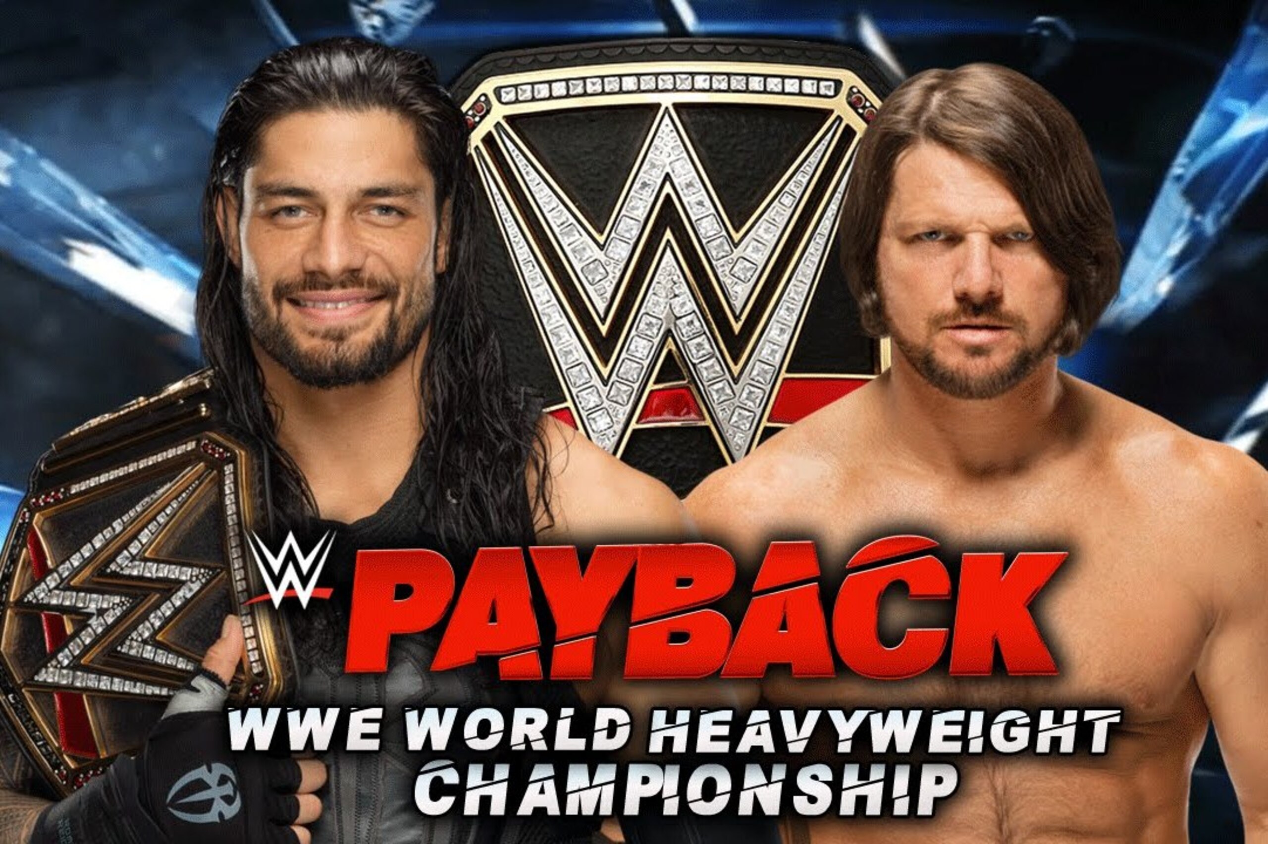 Roman Reigns and AJ Styles title card for WWE Payback.